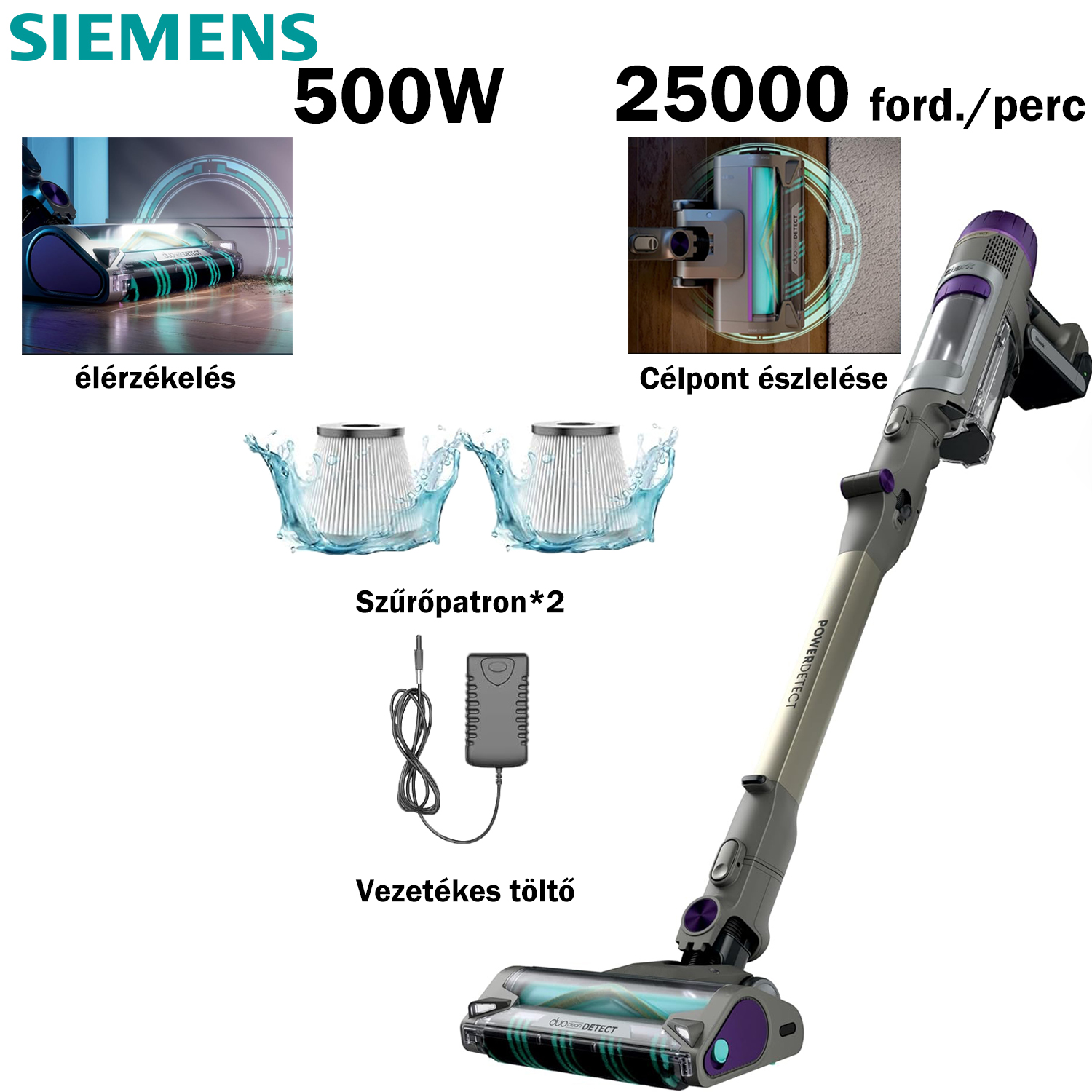 [A Siemens legújabb, többfunkciós intelligens porszívó- és felmosógépe] 500W/9000Pa, 25000 ford./perc kefe nélküli motor + élérzékelés + célérzékelés + szűrő*2 + vezetékes töltő